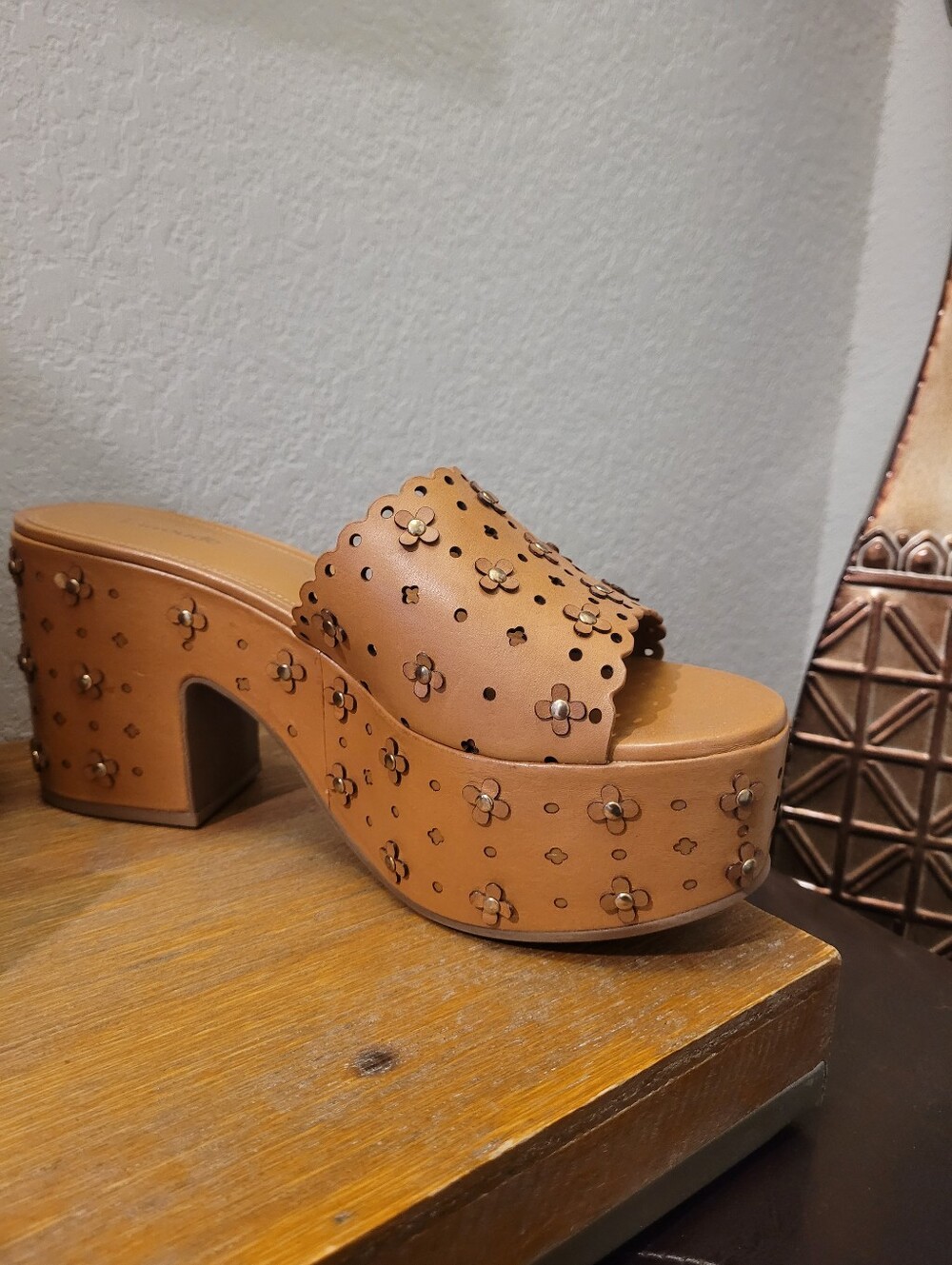 Larroude Brown Floral Laser-Cut Studded Platform Slide Heels, Sz10 - Picture 9 of 15